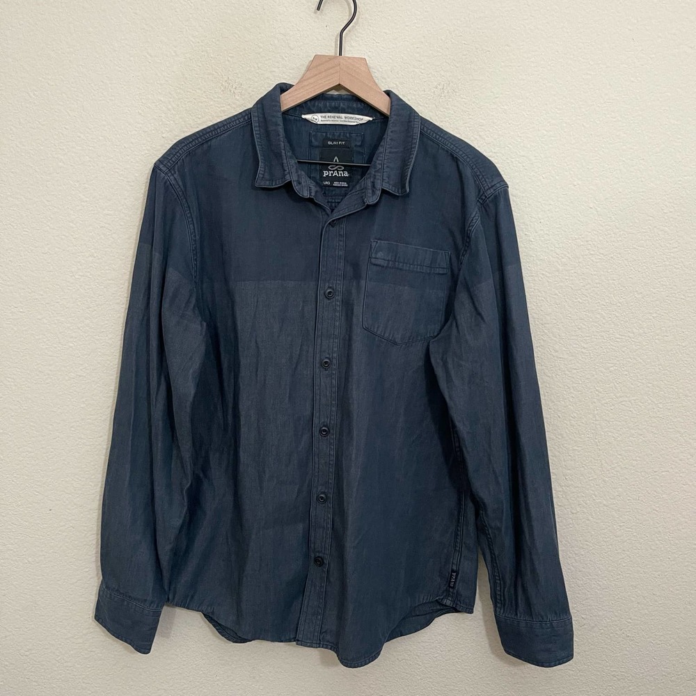 PrAna Brek Slim Fit Two-Tone Organic Cotton Casual Button-Down Shirt Denim L